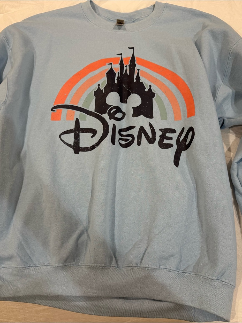 Disney Light Blue Sweatshirt with Castle and Rainbow Graphic Glidden XL